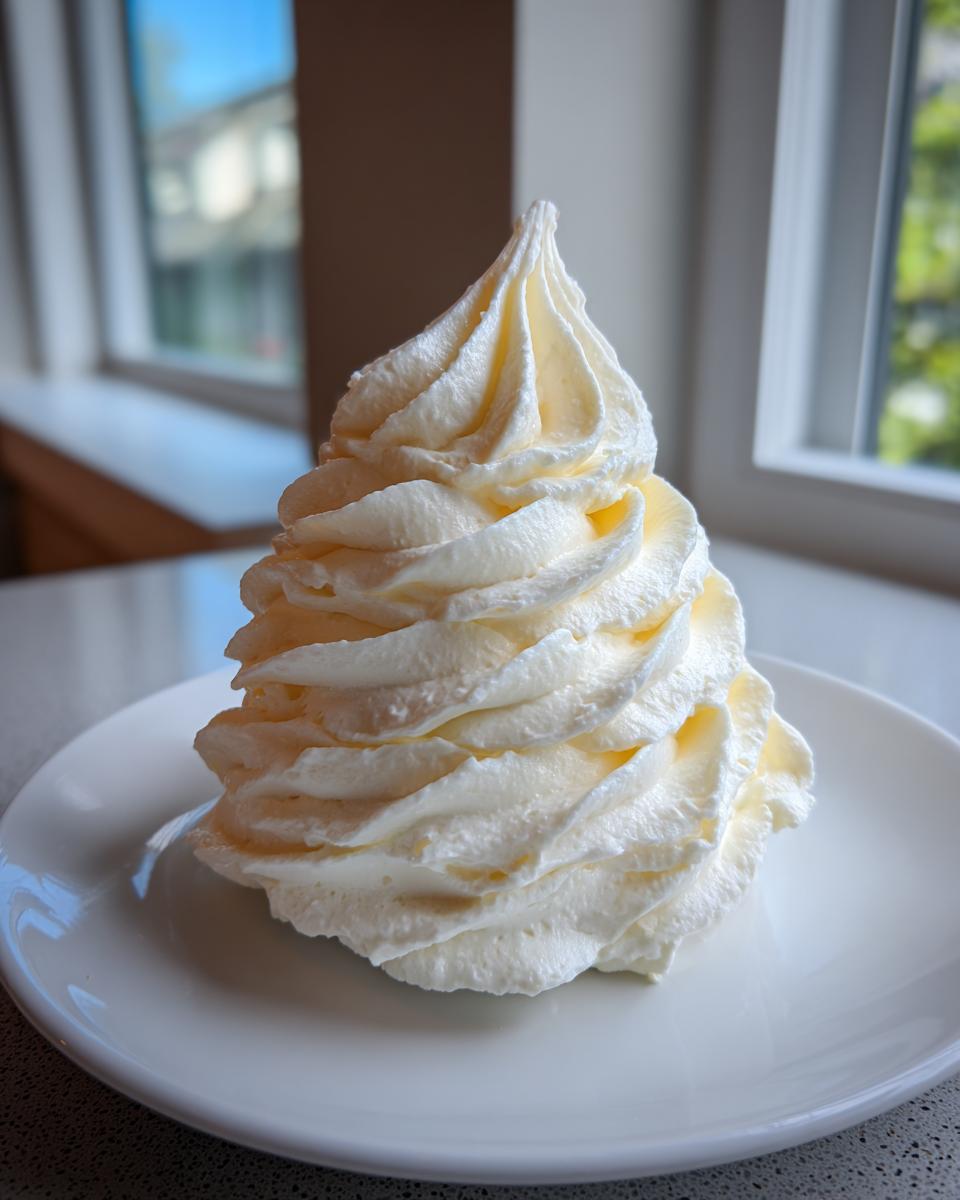 A tall, perfectly piped swirl of creamy white vanilla buttercream frosting sitting on a small white plate.