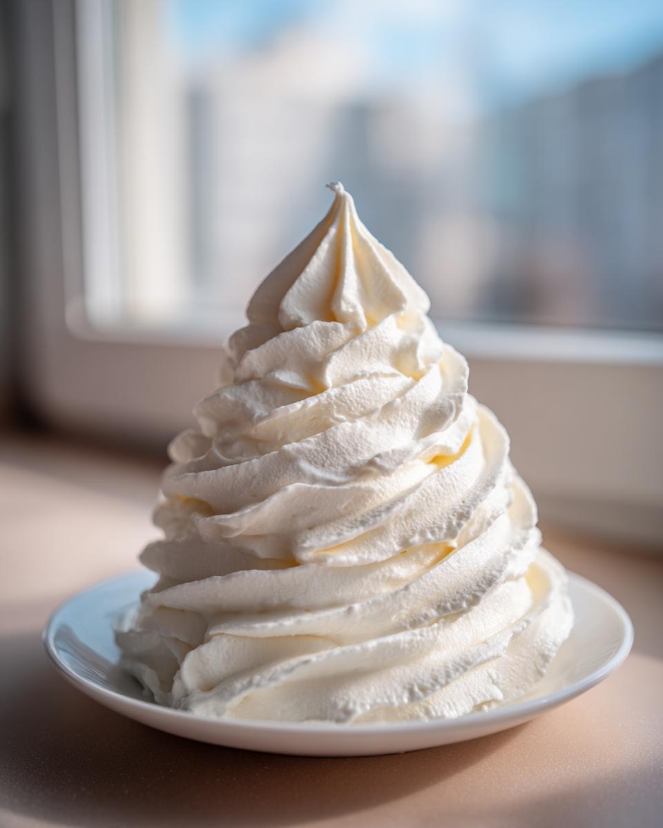 A tall, perfectly piped swirl of white vanilla buttercream frosting sitting on a small white saucer.