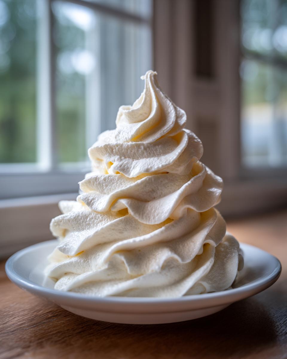 A tall, perfectly piped swirl of creamy white vanilla buttercream frosting sitting on a small white saucer.