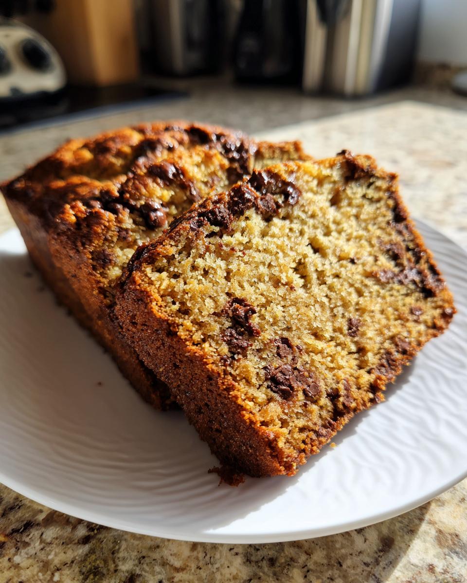 Two slices of moist vegan banana bread loaded with chocolate chips resting on a white plate.