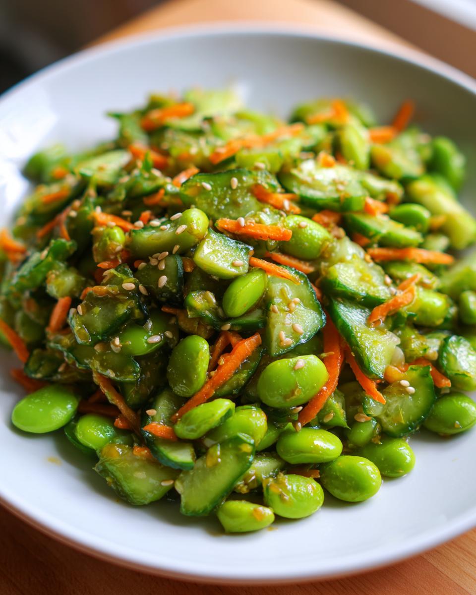 Close-up of a bright green edamame salad mixed with sliced cucumbers, shredded carrots, and sesame seeds.
