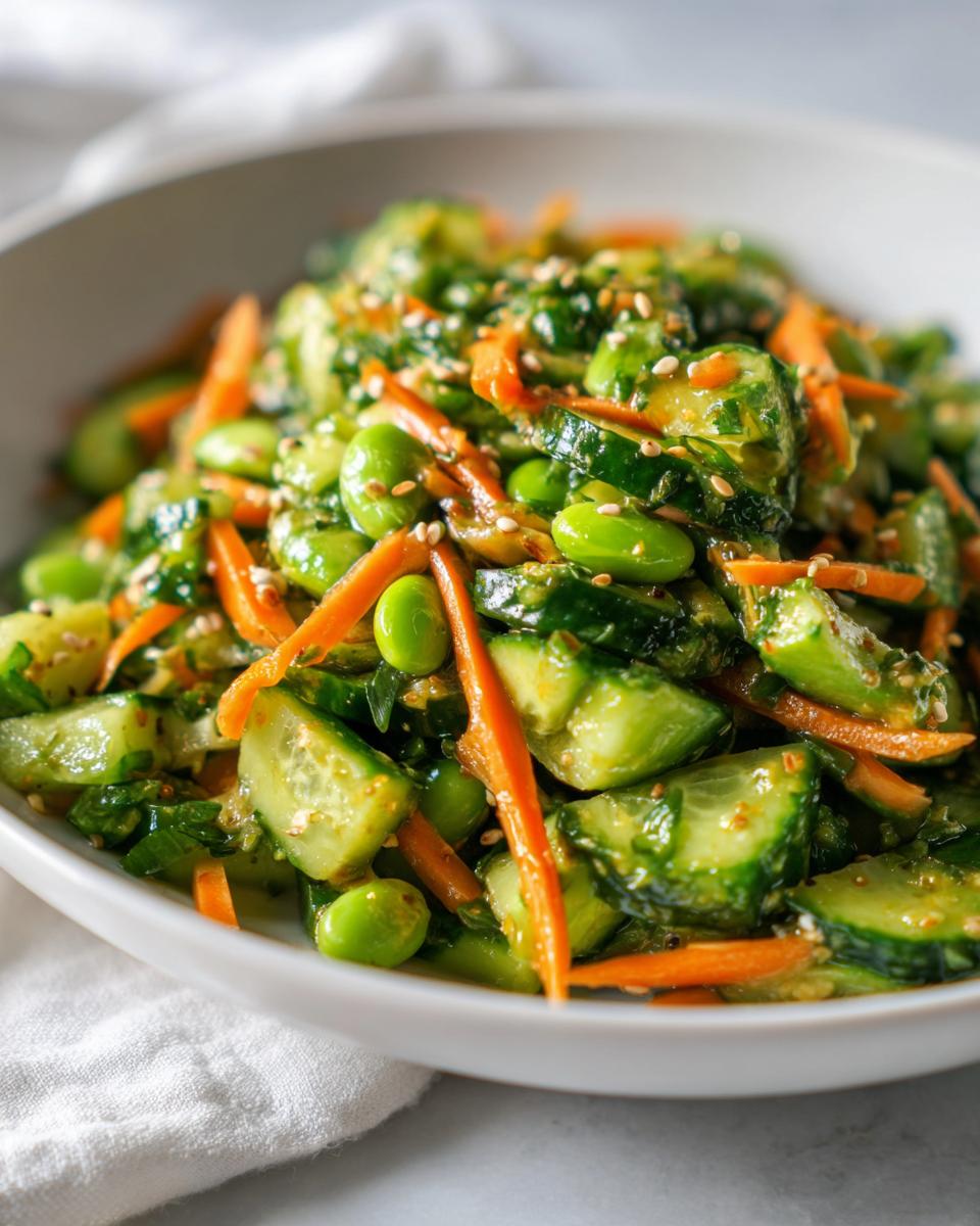 Close-up of a vibrant edamame salad featuring chunks of cucumber, shredded carrots, and sesame seeds.