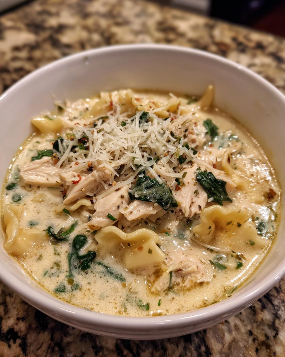 A close-up of a bowl of rich white chicken lasagna soup with shredded chicken, pasta, spinach, and grated Parmesan cheese.