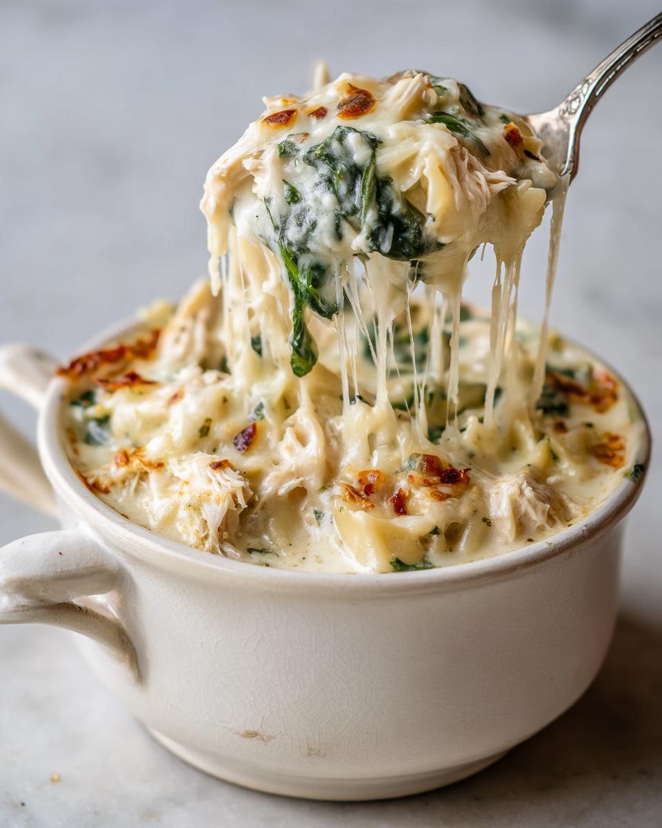 A spoonful of rich white chicken lasagna soup showing a dramatic cheese pull, filled with chicken and spinach.