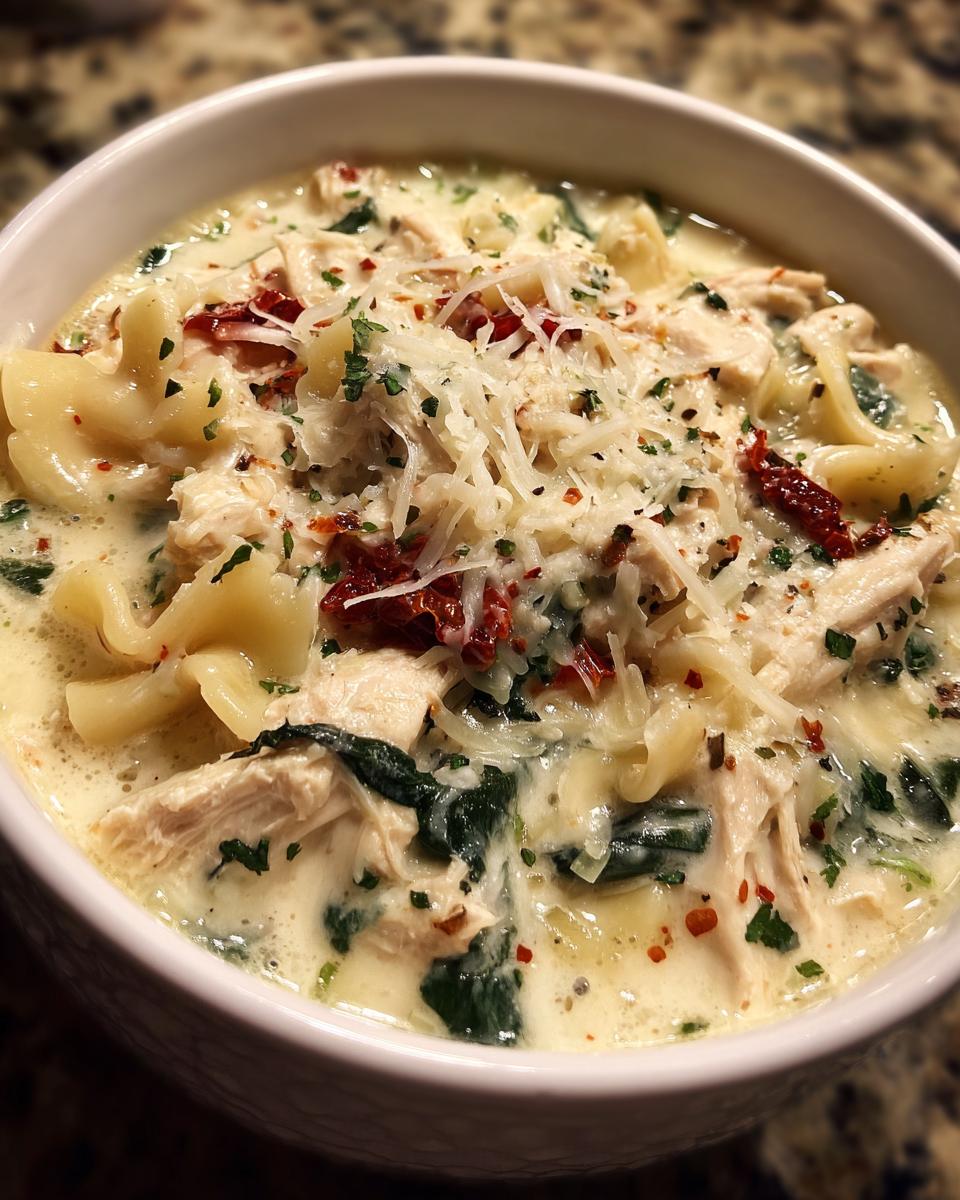 Close-up of a bowl of rich white chicken lasagna soup with shredded chicken, pasta, spinach, and grated Parmesan cheese.