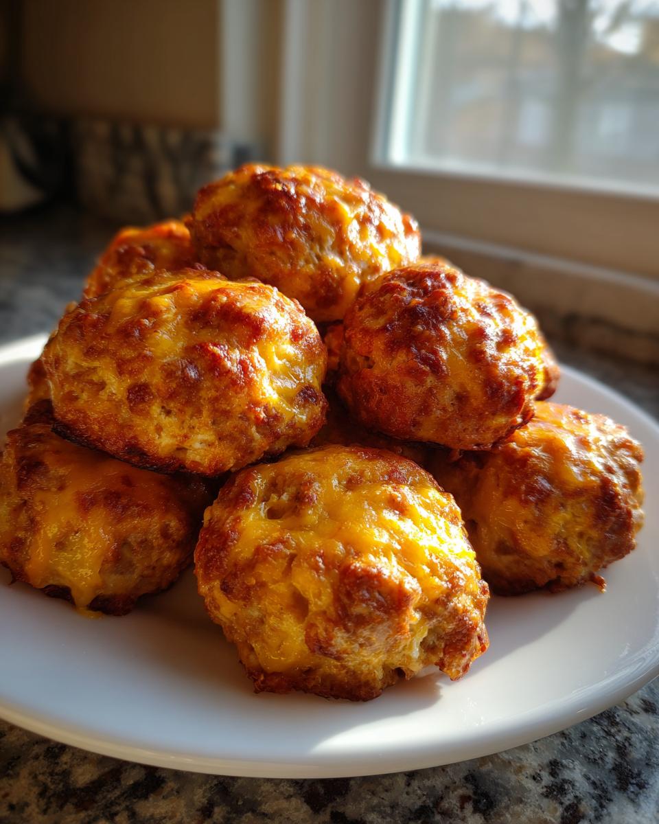 A stack of freshly baked, golden brown sausage balls topped with melted cheddar cheese on a white plate.