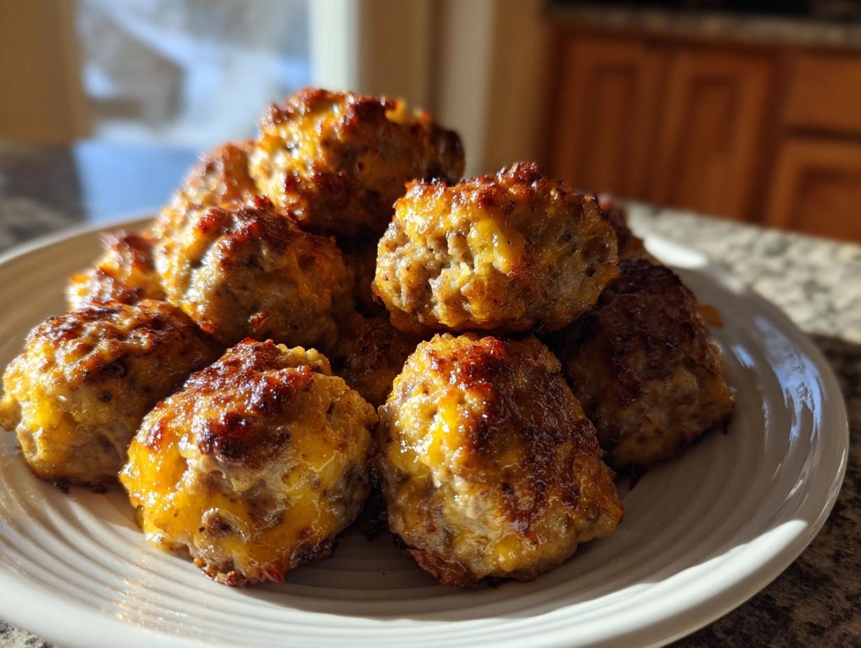 A pile of freshly baked, golden brown sausage balls with melted cheese topping served on a white plate.