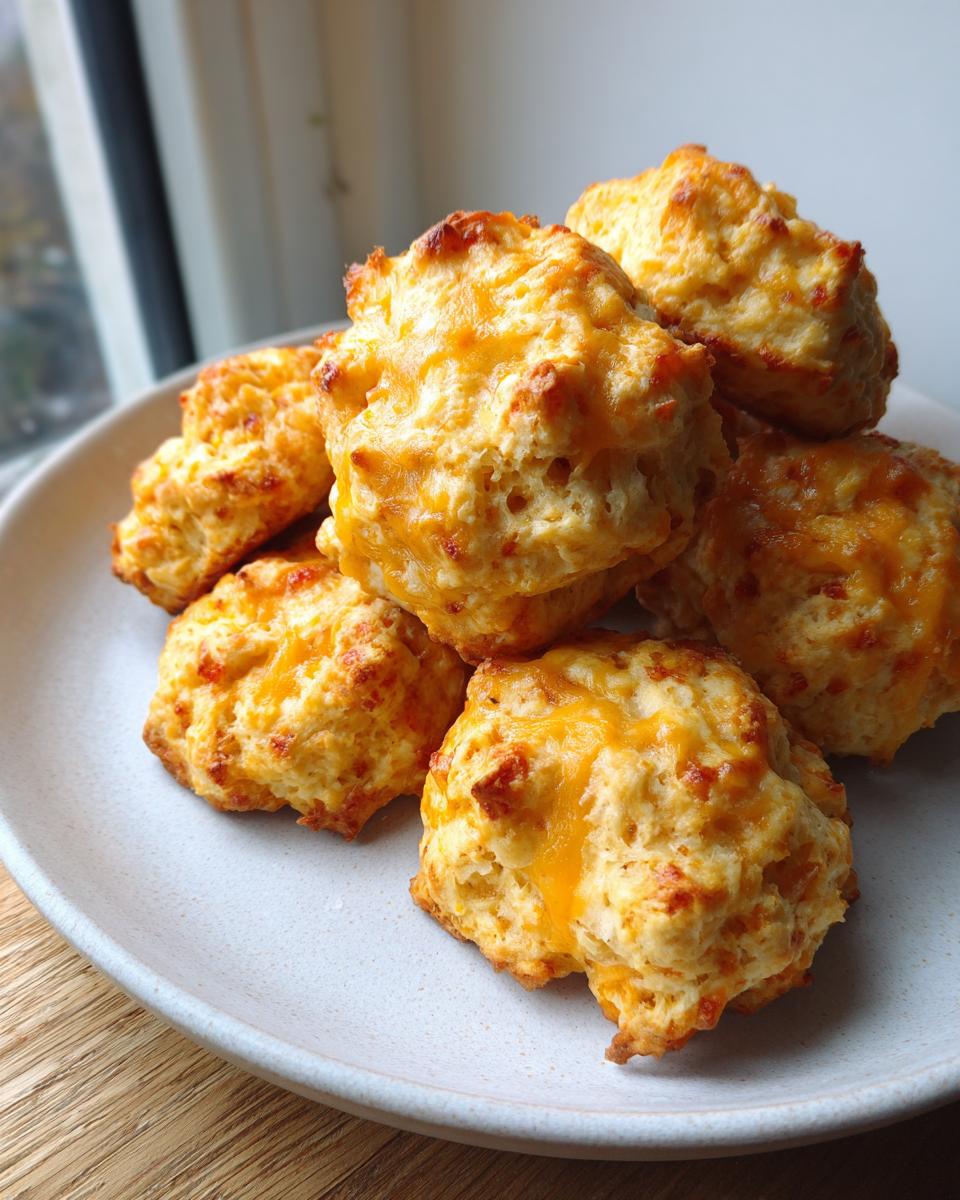 A close-up stack of golden brown, cheesy sausage balls resting on a light gray plate near a window.