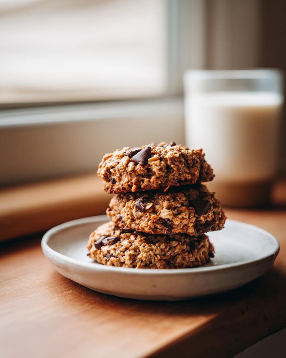 A stack of three delicious banana oatmeal cookies with visible chocolate chips, served on a small white plate.