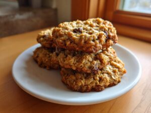 A stack of freshly baked banana oatmeal cookies with visible oats and raisins, resting on a white plate.