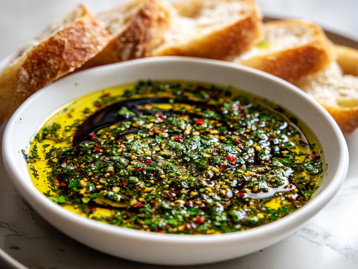 Close-up of a vibrant herb and oil bread dip, featuring a balsamic swirl, served with sliced baguette.