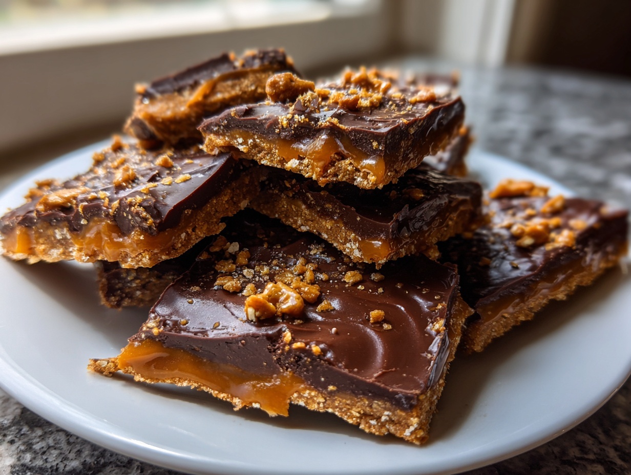 Close-up of stacked graham cracker toffee squares with a gooey caramel layer and chocolate topping.