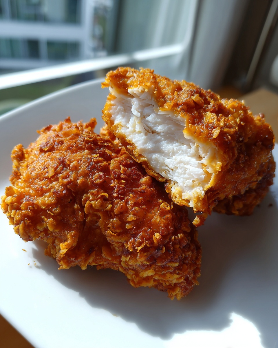 Close-up of crispy, golden air fryer fried chicken pieces, one cut open showing juicy white meat.