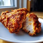 Close-up of crispy, golden-brown air fryer fried chicken, showing the juicy white meat inside.