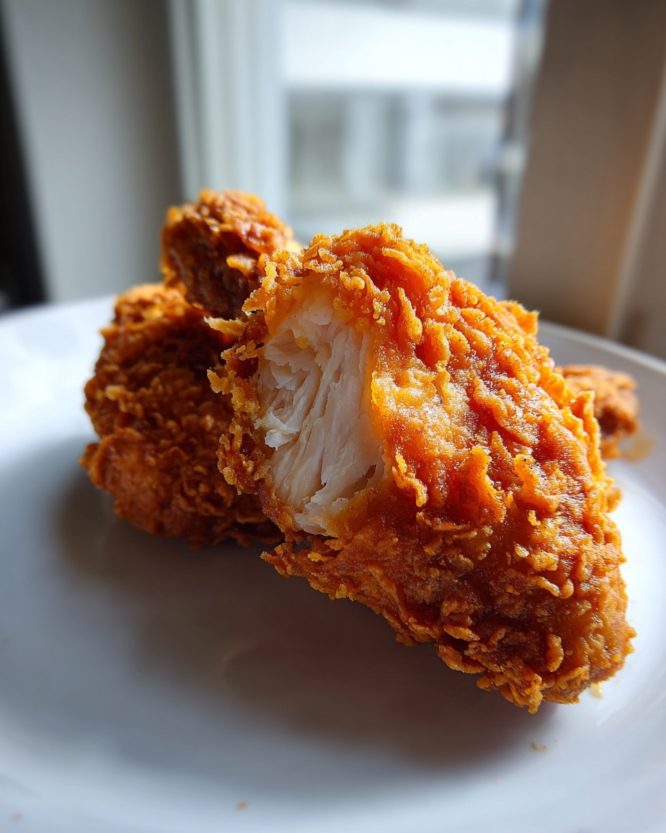Close-up of crispy air fryer fried chicken, showing the juicy white meat inside the crunchy coating.
