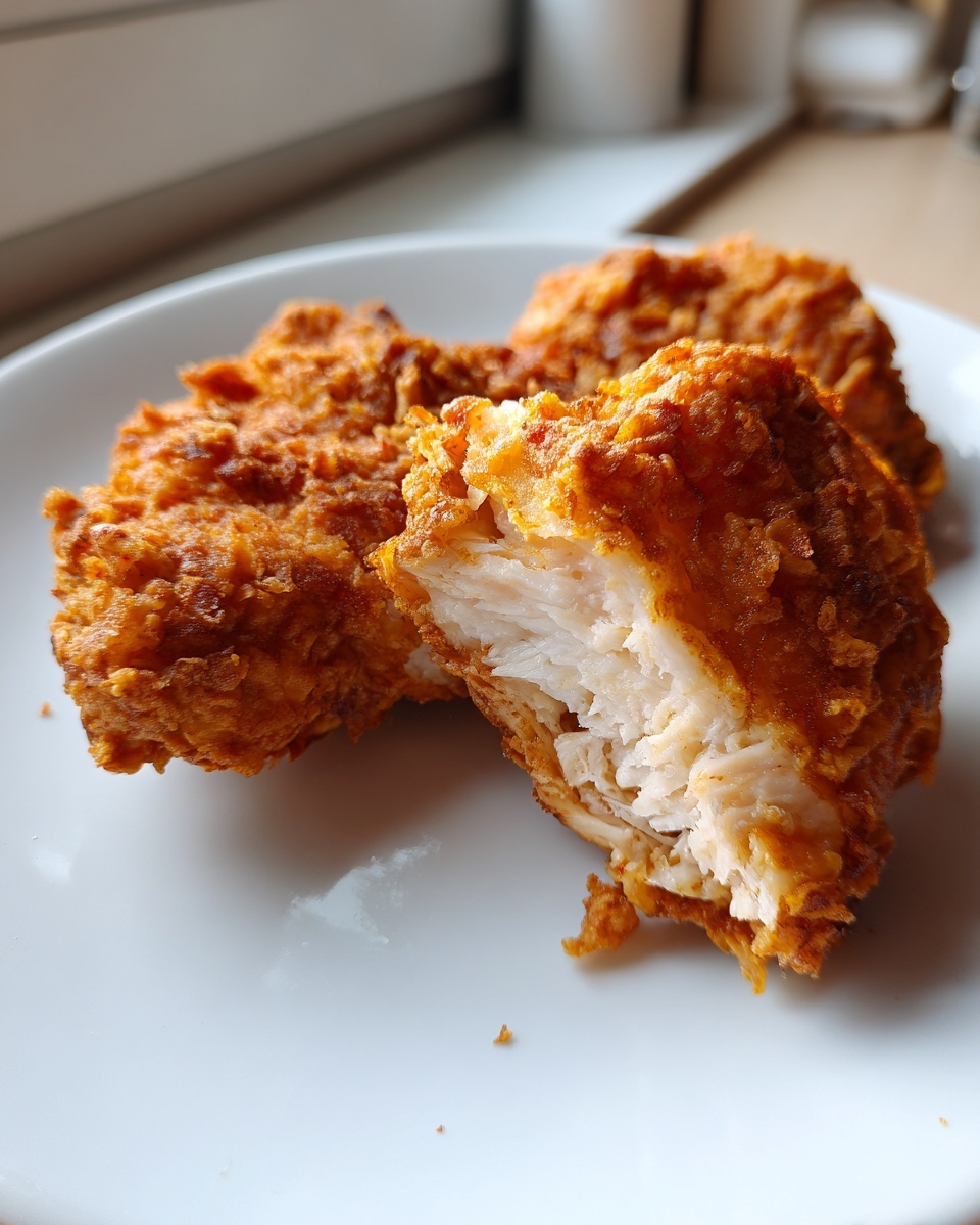 Close-up of crispy air fryer fried chicken, showing the juicy white meat inside a golden brown coating.