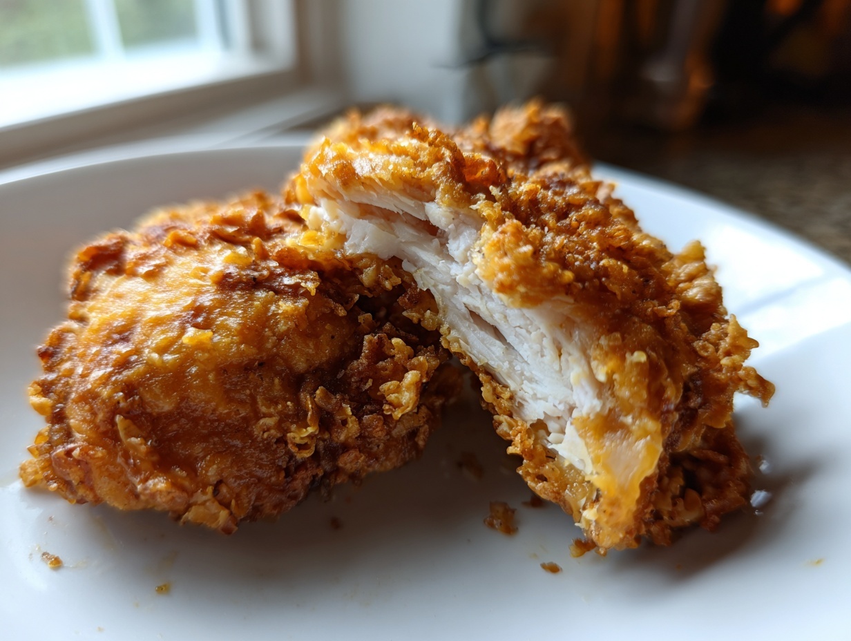 Close-up of air fryer fried chicken cut in half showing crispy coating and moist white meat inside.