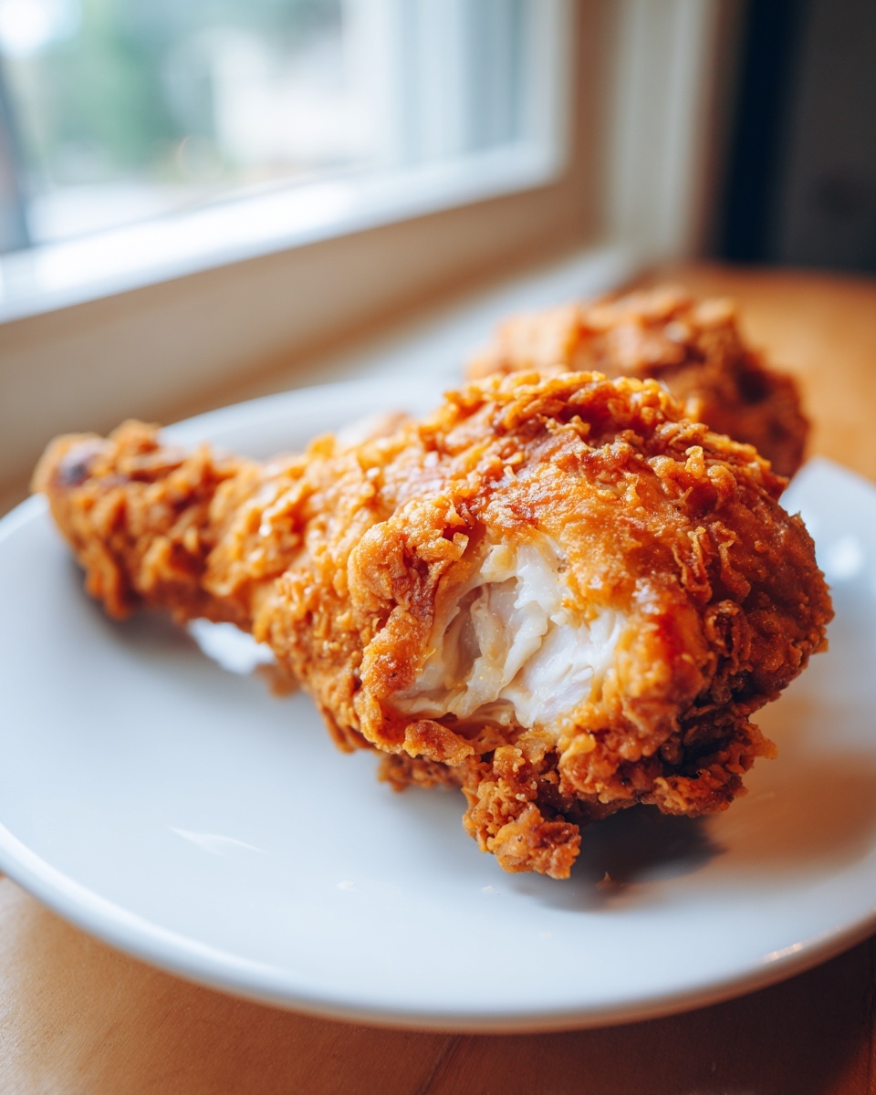 Close-up of a perfectly cooked air fryer fried chicken drumstick showing crispy coating and white meat inside.