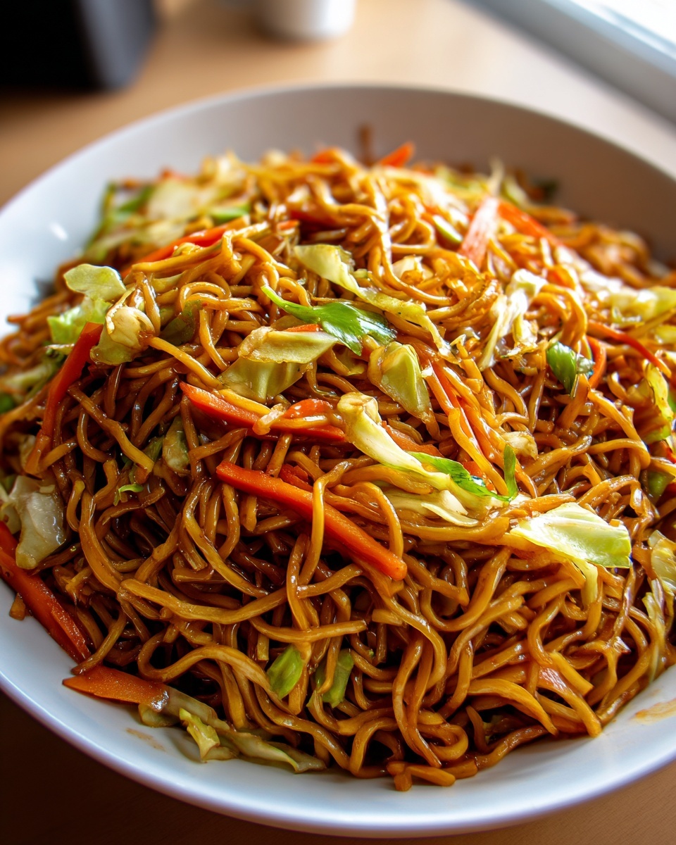 A large white bowl filled with glossy, savory fried noodles mixed with shredded carrots and cabbage.