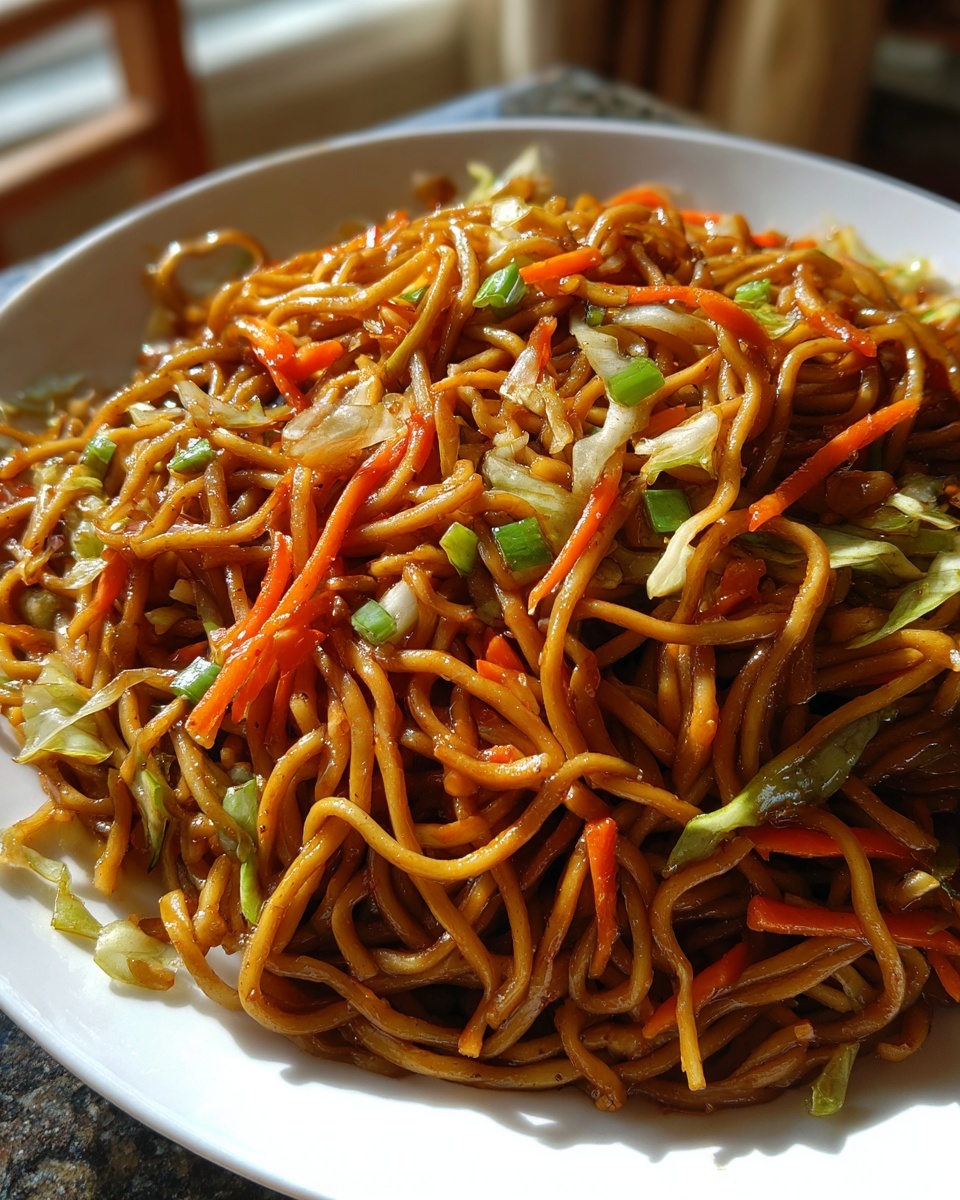 Close-up of a generous serving of savory, saucy fried noodles mixed with shredded carrots and cabbage.