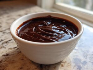Close-up of thick, glossy homemade chocolate sauce swirling in a small white bowl on a granite countertop.