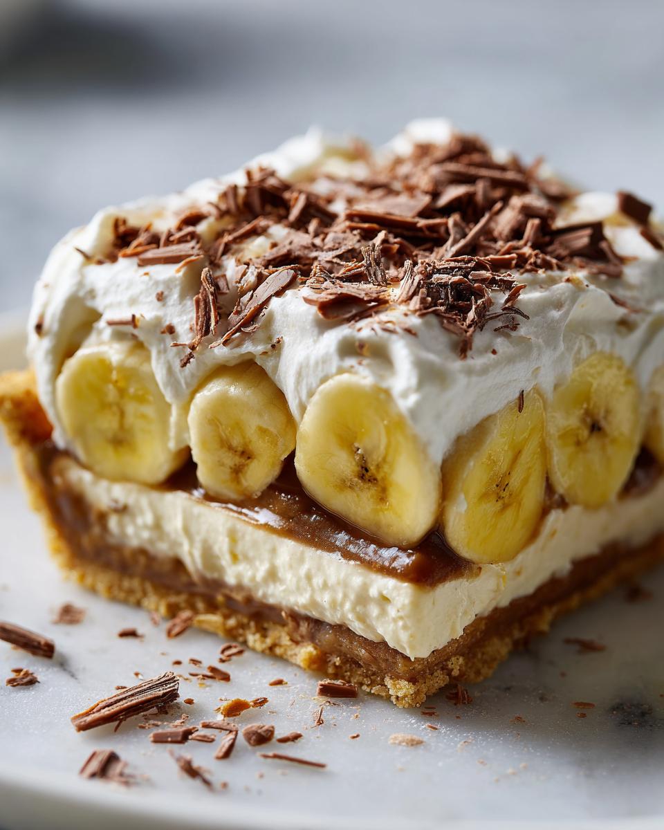 A decadent slice of banoffee pie showing layers of crust, toffee, cream, bananas, and chocolate shavings.