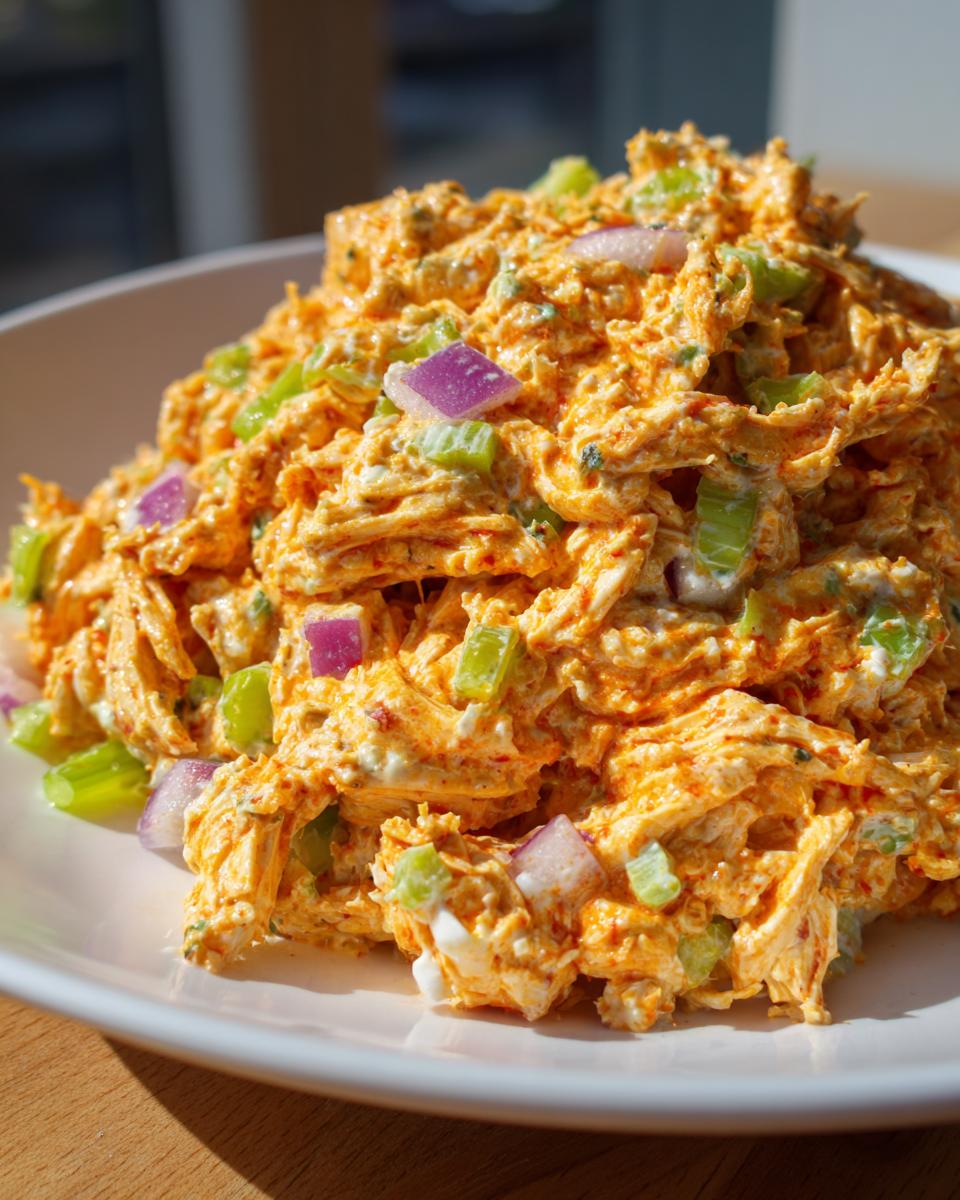 A mound of creamy, bright orange buffalo chicken salad mixed with chopped celery and red onion served on a white plate.