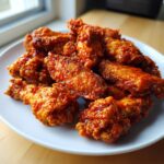 A pile of crispy, saucy buffalo wings coated in bright orange sauce, served on a white plate.
