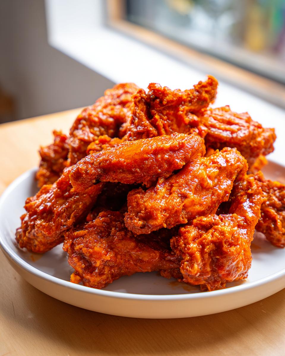 A pile of crispy, saucy buffalo wings coated in bright red hot sauce served on a white plate.