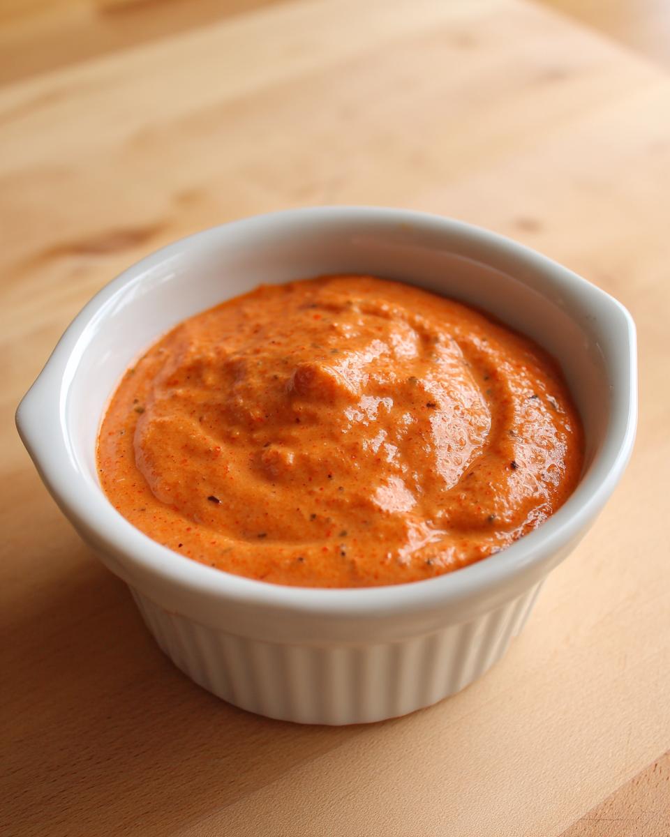 Close-up of creamy, orange-red homemade burger sauce served in a small white ramekin.