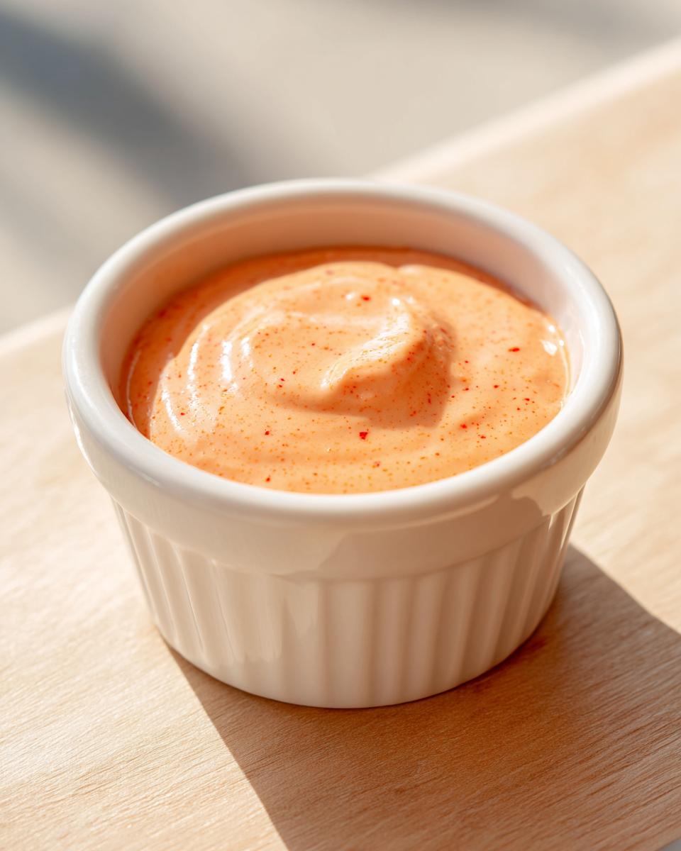 Close-up of creamy, orange-hued burger sauce speckled with red spices in a small white ramekin.