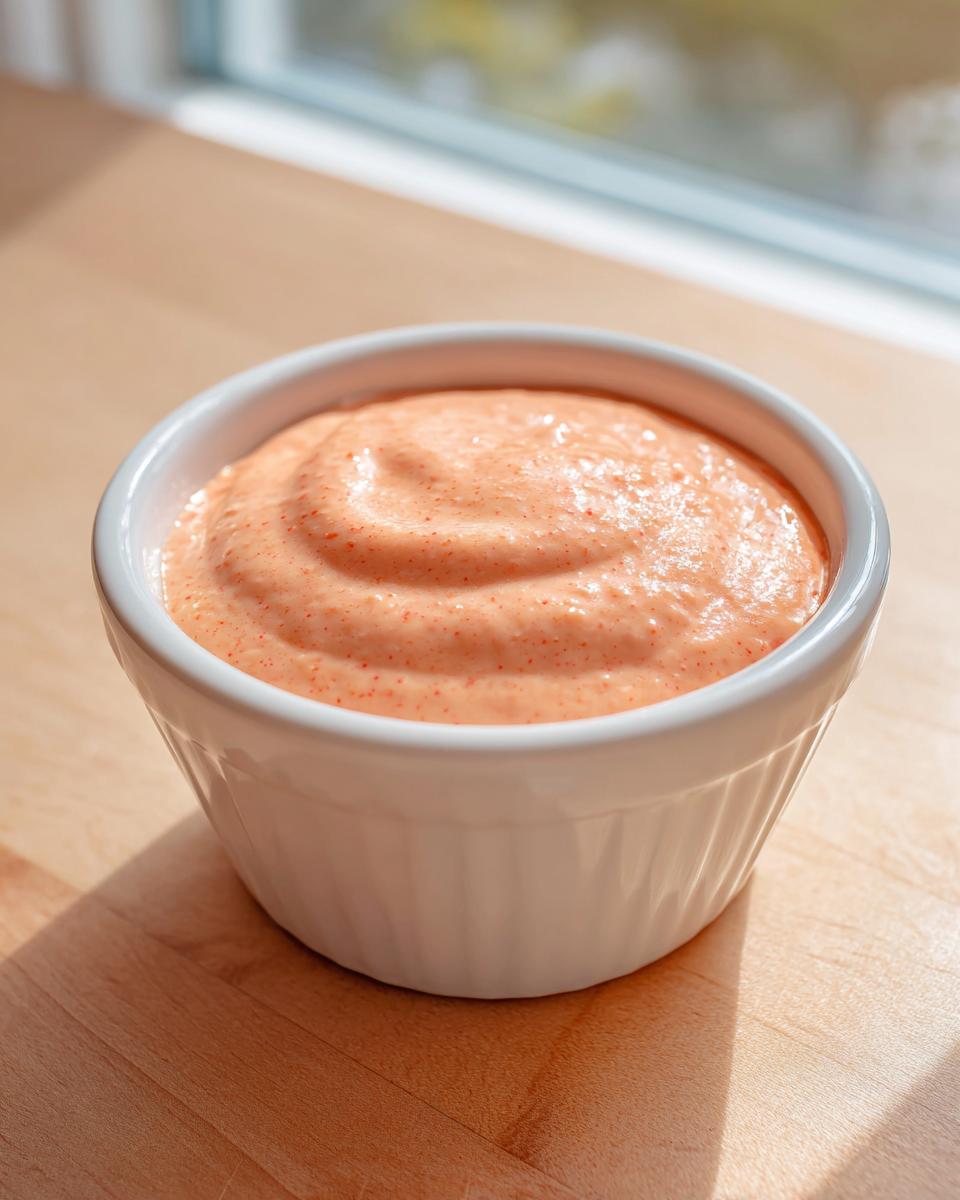 A creamy, orange-hued homemade burger sauce presented in a small white ramekin on a wooden surface.