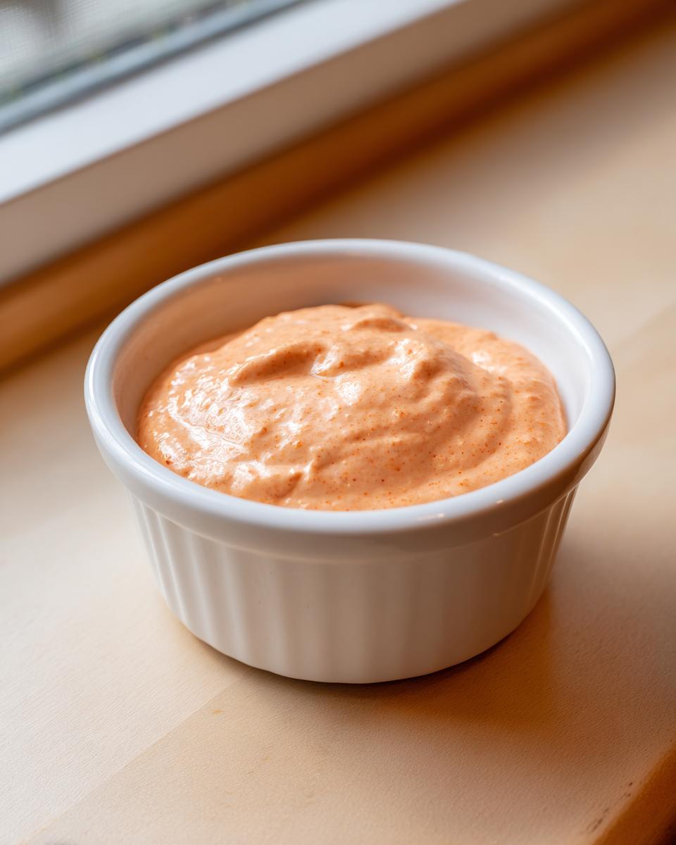 Close-up of creamy, orange-hued burger sauce served in a small white fluted ramekin.
