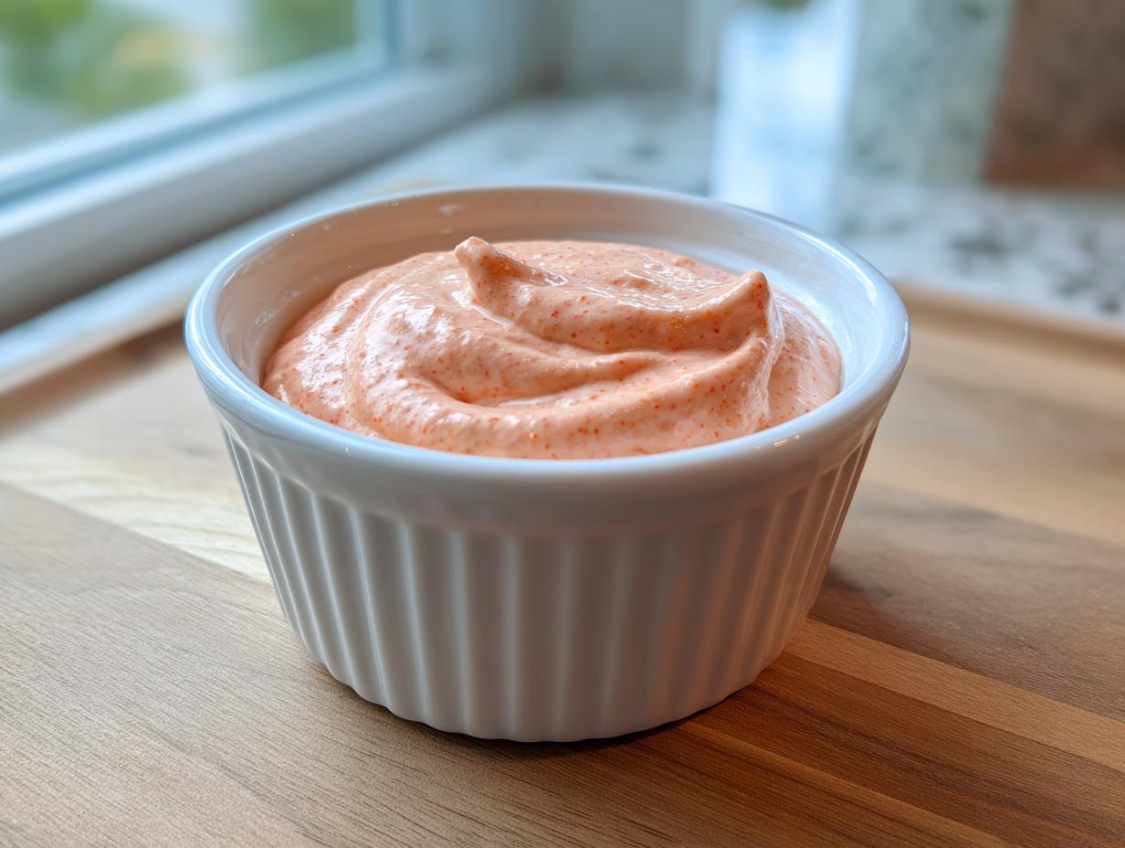 A creamy, orange-tinted homemade burger sauce served in a small white fluted ramekin.