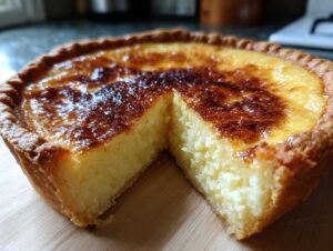 Close-up of an amazing buttermilk pie with a slice removed, showing the creamy yellow filling and browned top.