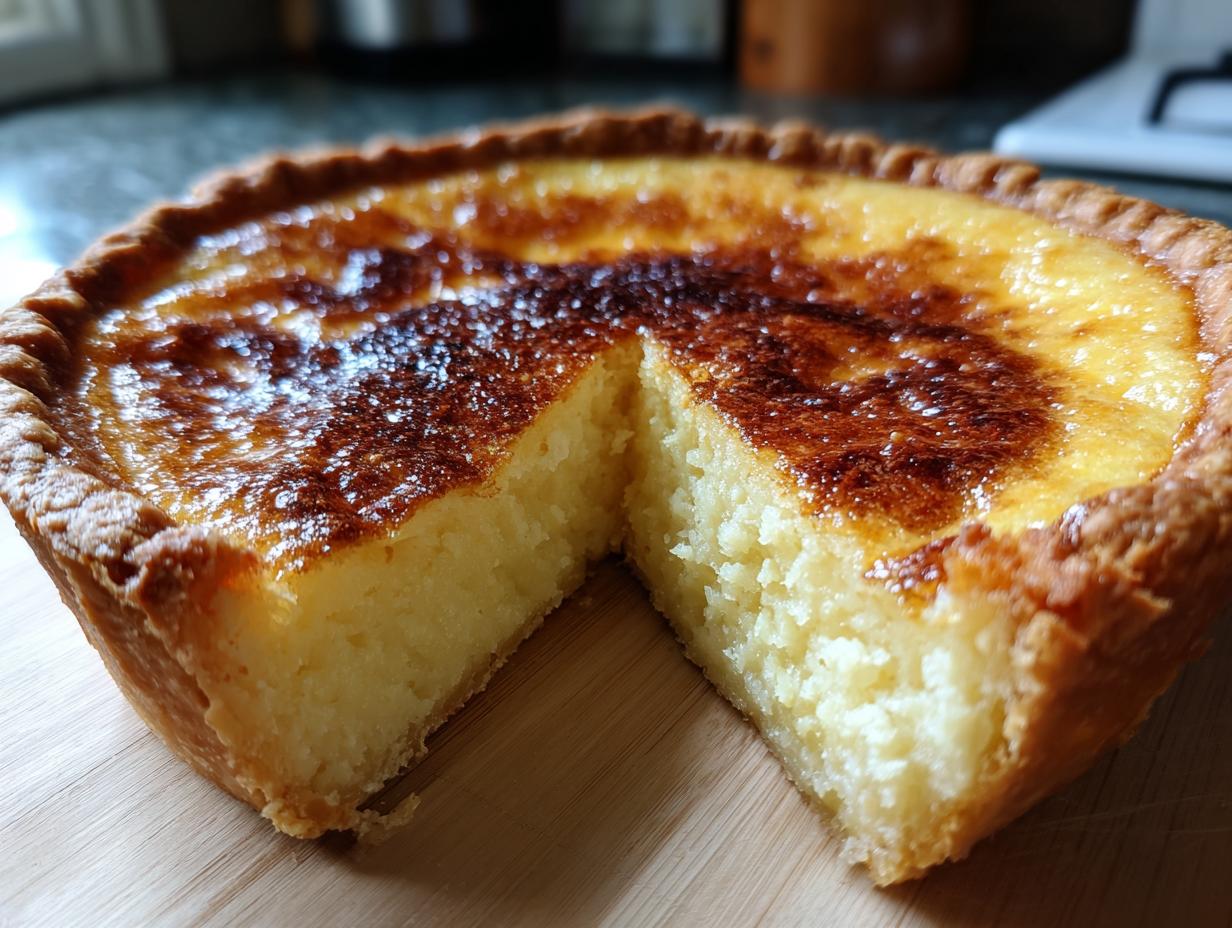 Close-up of an amazing buttermilk pie with a slice removed, showing the creamy yellow filling and browned top.