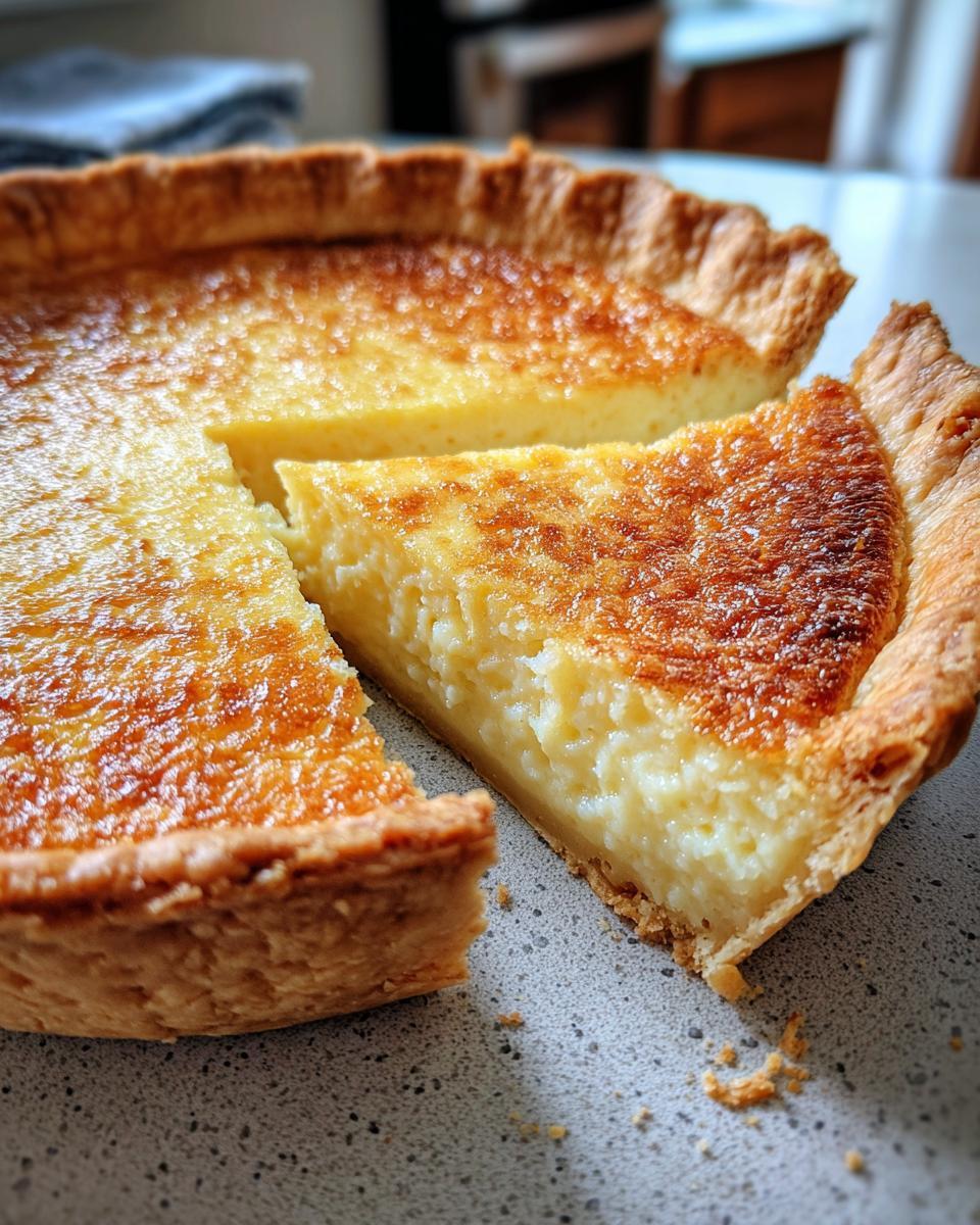 A close-up of an amazing buttermilk pie with one slice cut out showing the creamy filling.