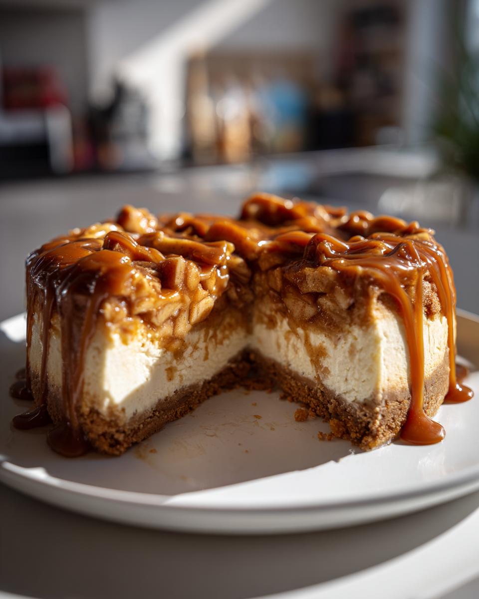 A whole caramel apple cheesecake with a slice removed, showing the creamy filling and thick caramel apple topping.
