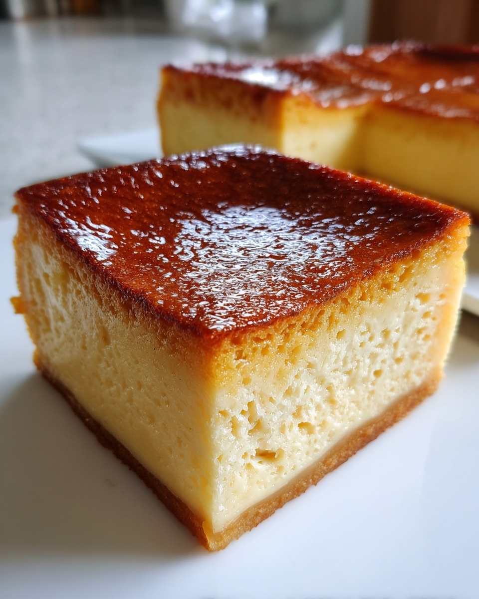 Close-up of a square slice of amazing cassava cake featuring a creamy interior and a glossy, caramelized brown topping.
