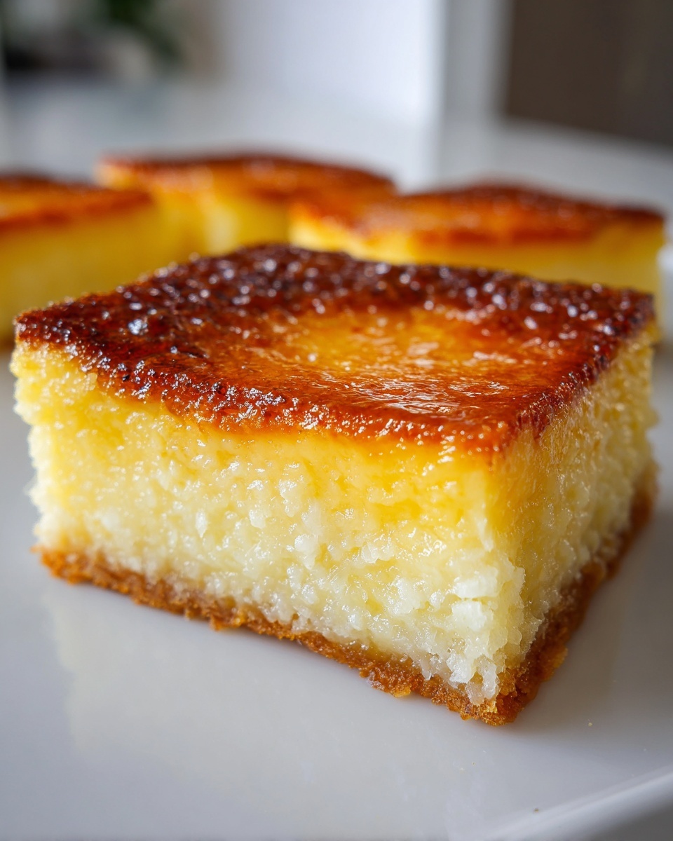 A close-up, square slice of moist cassava cake showing the shredded texture and a deeply caramelized, glossy top layer.