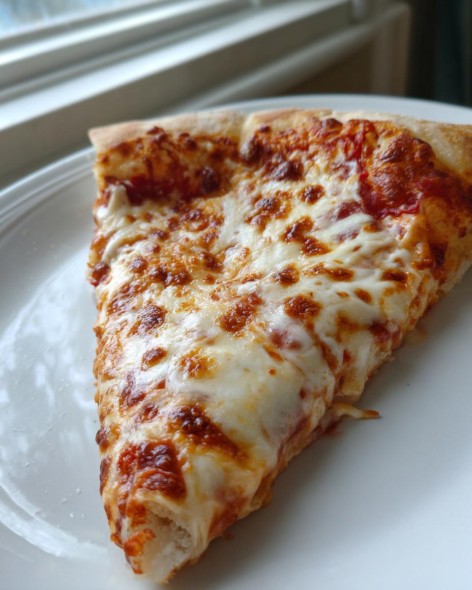 Close-up of a single slice of amazing cheese pizza with melted, bubbly cheese on a white plate.