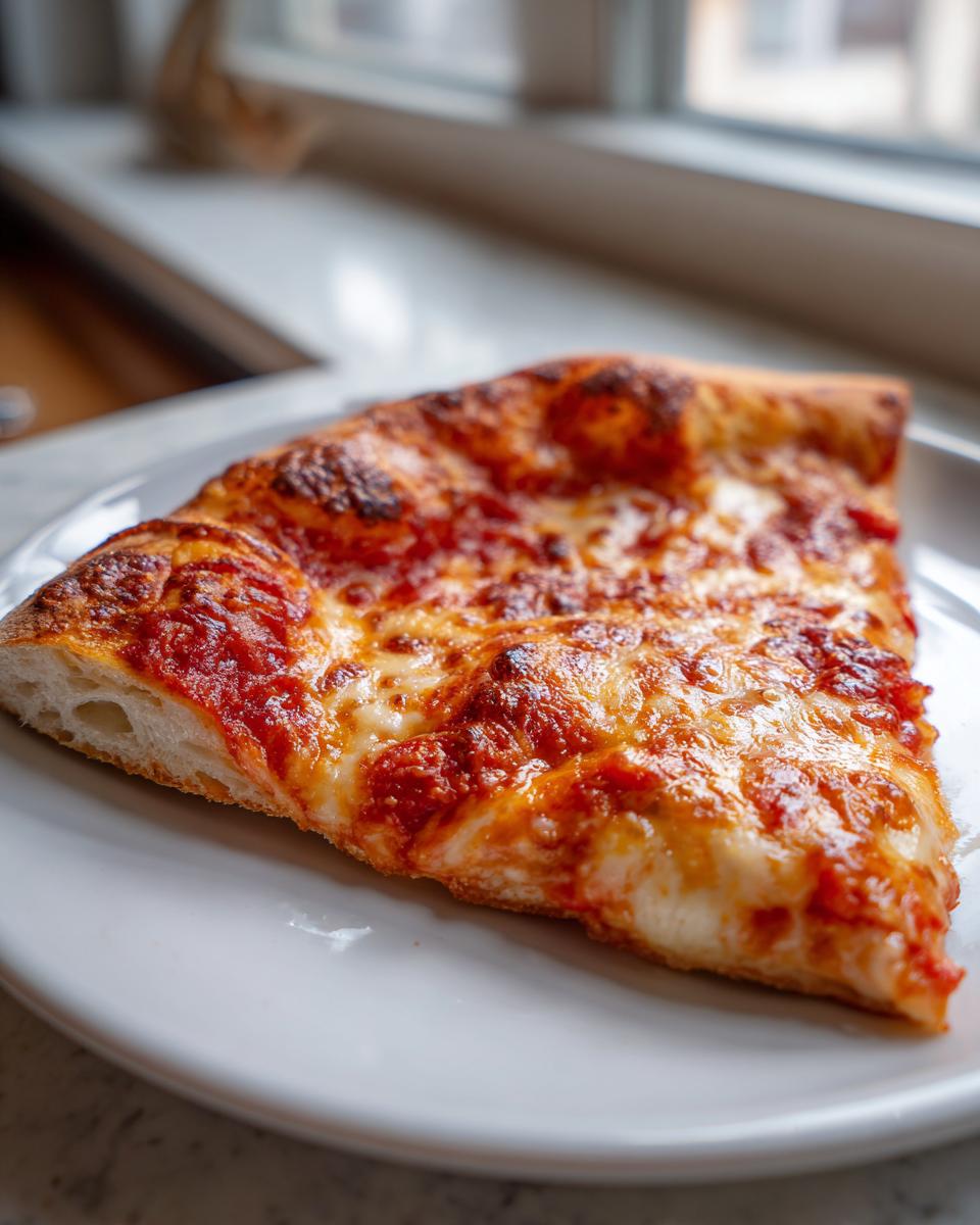 A close-up shot of a single slice of amazing cheese pizza with melted, bubbly cheese on a white plate.