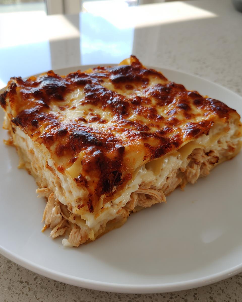A generous slice of amazing chicken alfredo lasagna showing layers of pasta, shredded chicken, and a bubbly, browned cheese topping.