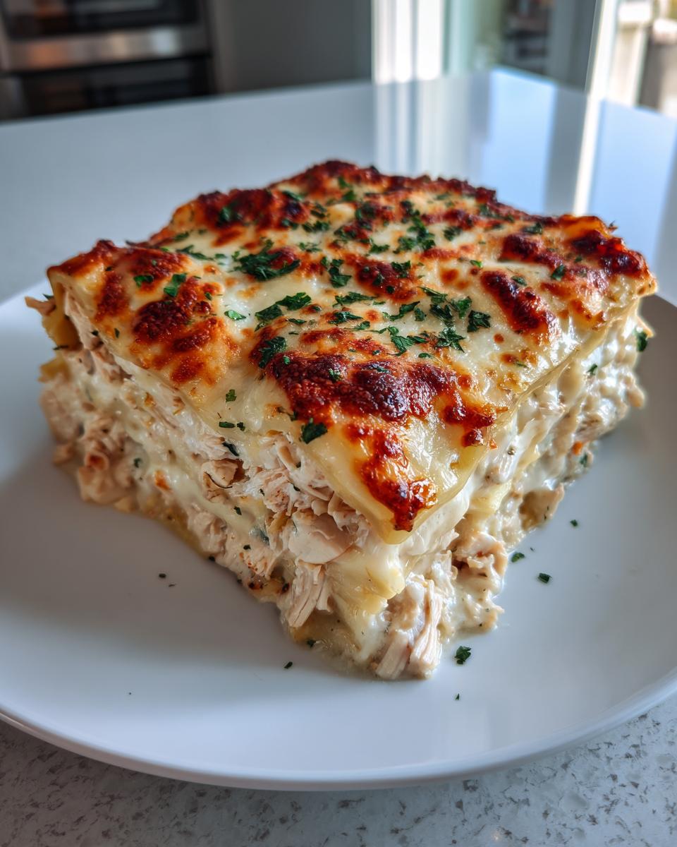 A rich, layered slice of chicken alfredo lasagna topped with melted, browned cheese and fresh parsley.