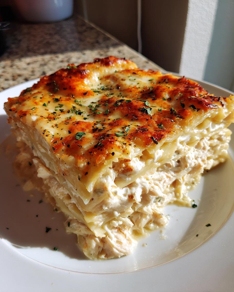 A generous slice of amazing chicken alfredo lasagna with layers of pasta, creamy filling, and a browned, cheesy top.
