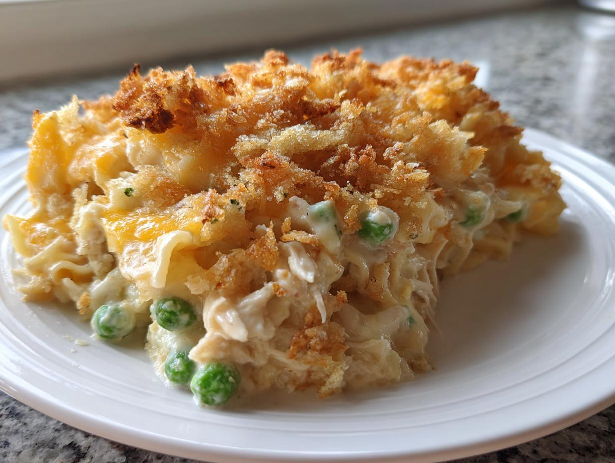 A close-up of a serving of creamy chicken noodle casserole topped with golden brown breadcrumbs.