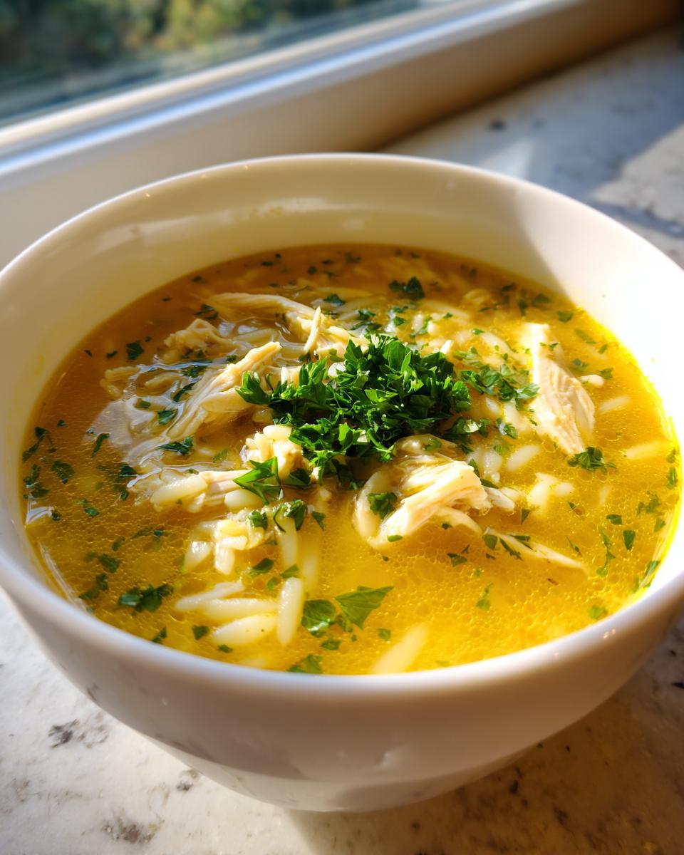 A close-up of a white bowl filled with vibrant yellow chicken orzo soup, topped with shredded chicken and fresh parsley.