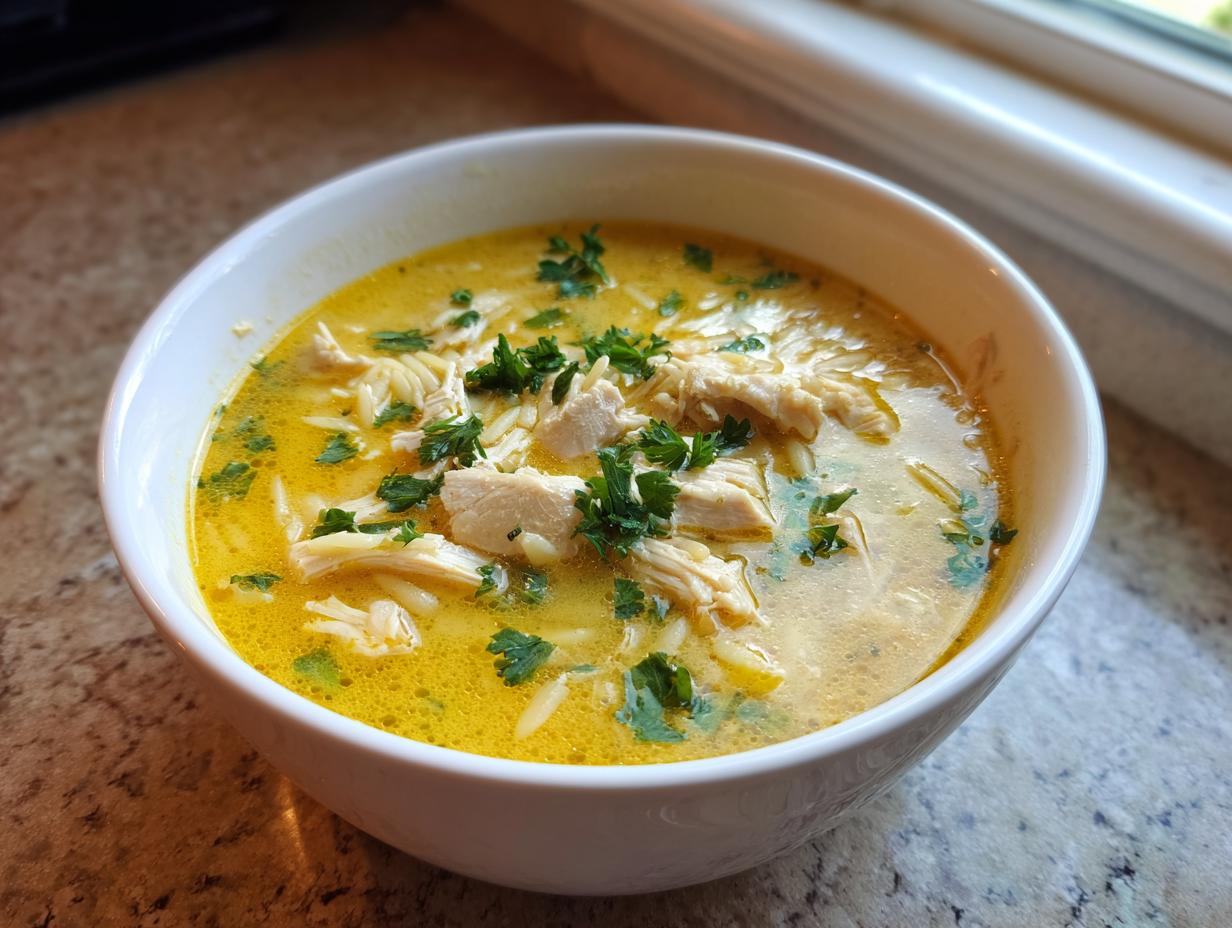 Close-up of a white bowl filled with rich, yellow chicken orzo soup, topped with shredded chicken and fresh parsley.