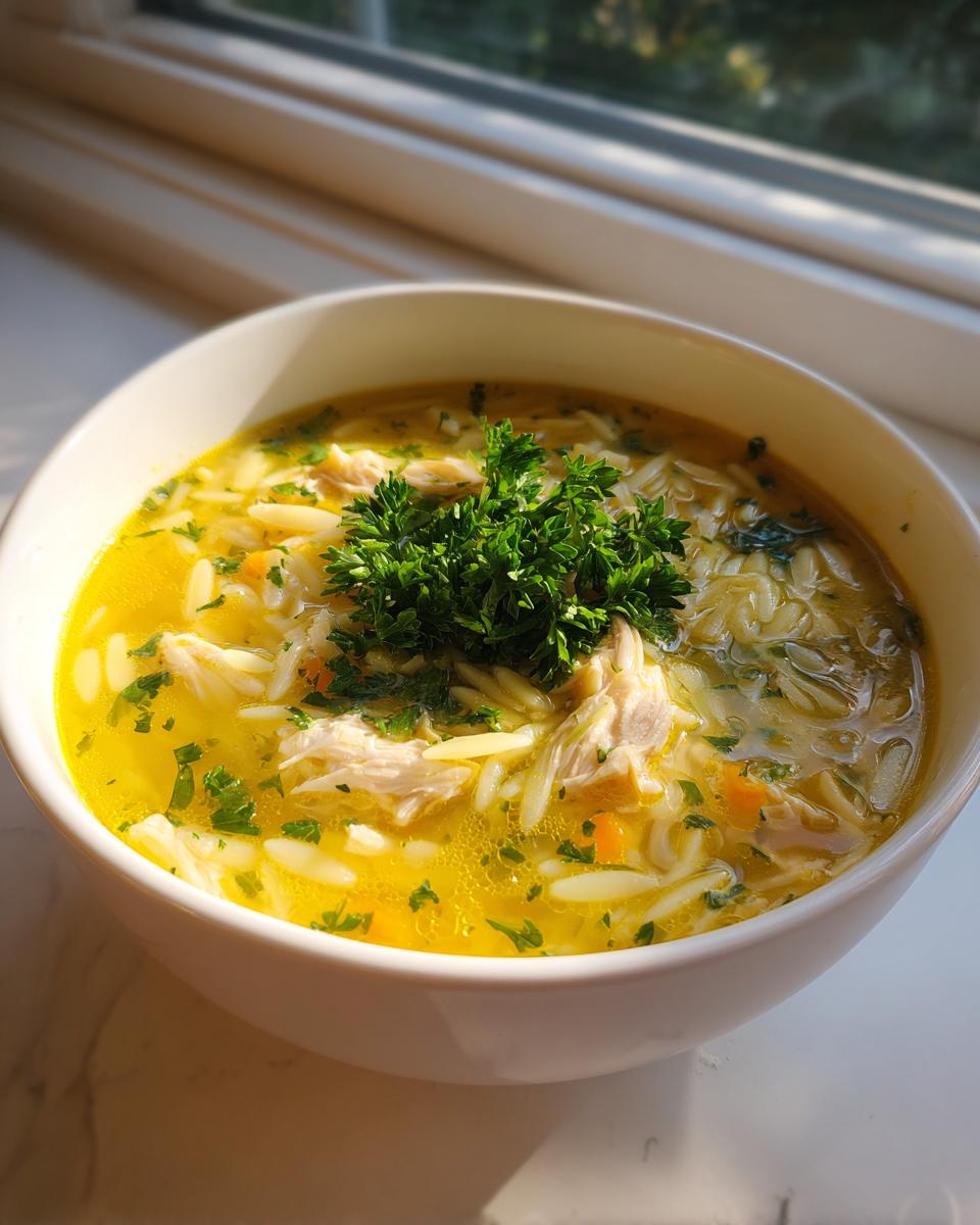 A close-up of a white bowl filled with bright yellow chicken orzo soup, topped with shredded chicken and fresh parsley.