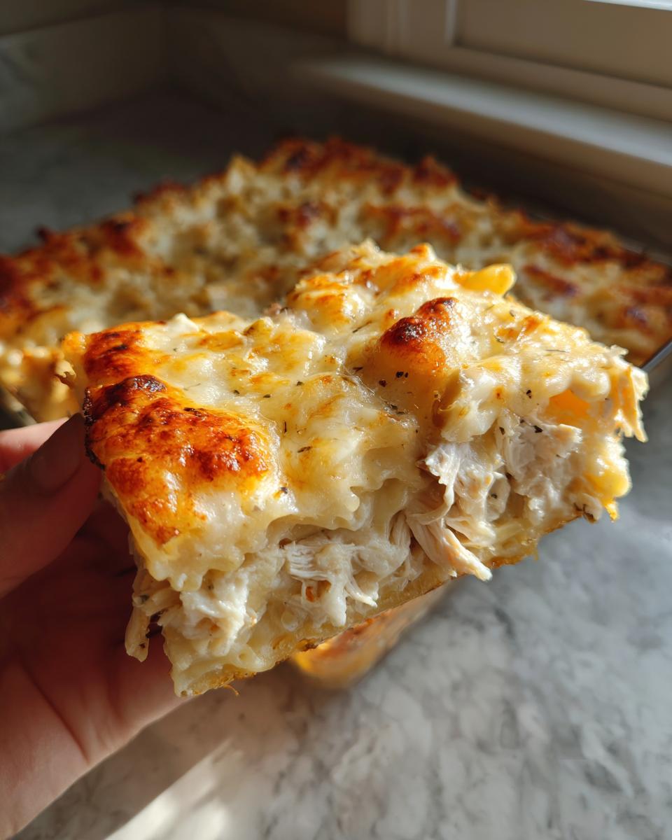 A hand lifting a cheesy, golden-brown slice of chicken pasta bake showing shredded chicken inside.